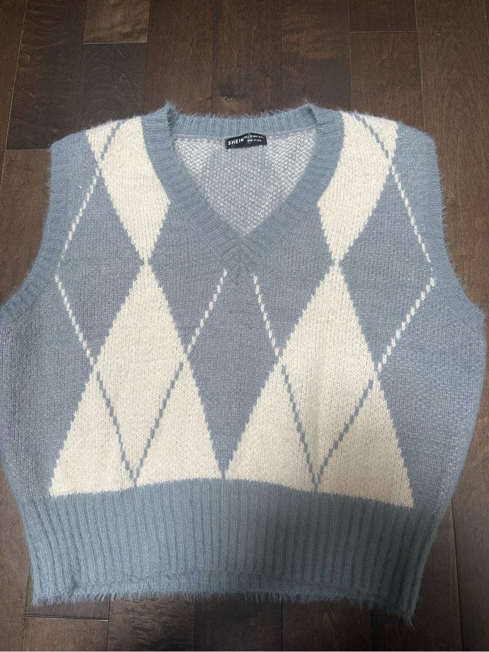 SHEIN Blue & White Argyle Knit Sweater Vest